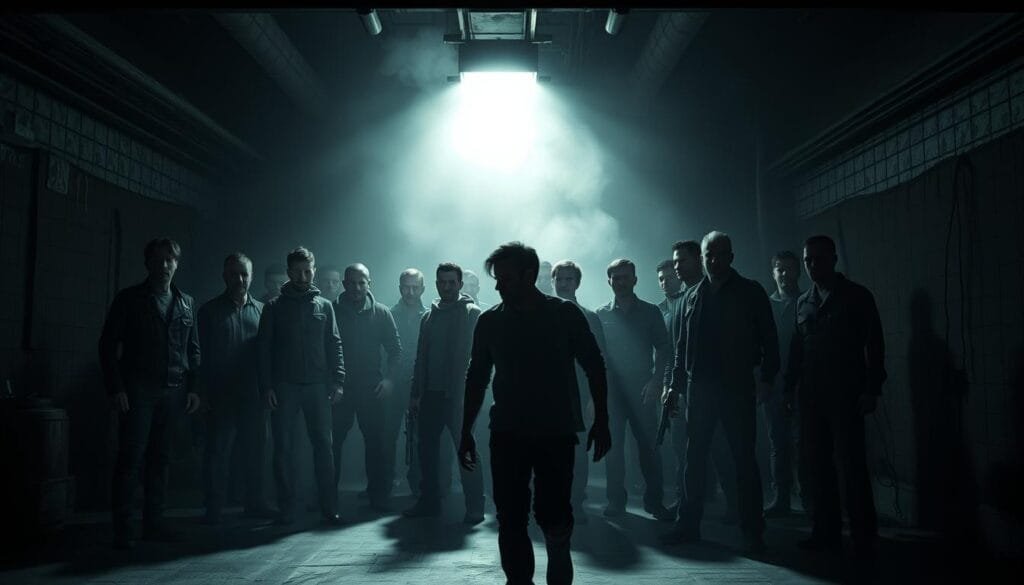 A group of individuals stand amidst a dimly lit, gritty industrial setting, their faces etched with a mix of fear, desperation, and determination. The harsh shadows cast by the flickering overhead lights create an atmosphere of heightened tension and impending danger. In the foreground, a figure moves with a sense of urgency, their actions casting a sense of foreboding over the scene. The background is shrouded in a haze, creating a sense of depth and emphasizing the isolation and claustrophobic nature of the environment. The overall mood is one of high drama, with the viewer drawn into the emotional intensity of the moment.