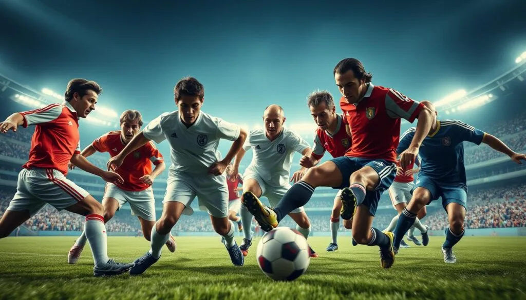 A group of legendary FIFA players, captured in a dynamic action scene. In the foreground, star strikers battle for the ball, their powerful movements frozen in time by a dramatic high-speed lens. In the middle ground, legendary midfielders orchestrate the play, their faces intense with concentration. In the background, a grand stadium backdrop sets the stage, the bright floodlights casting a cinematic glow over the scene. The atmosphere is one of raw athleticism and the thrill of the beautiful game, conveying the epic scale and drama of these legendary players in their prime.