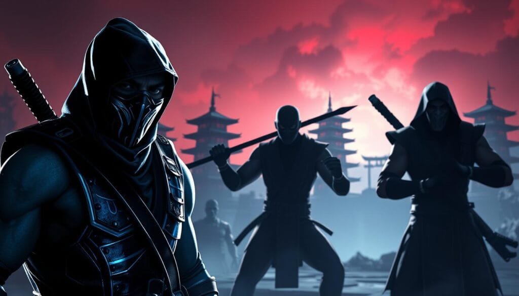 A group of legendary Mortal Kombat ninjas, their deadly silhouettes cast against a moody, neon-drenched backdrop. In the foreground, the iconic Lin Kuei warrior Sub-Zero, his icy blue armor glinting under dramatic low-angle lighting. Behind him, the stealthy Scorpion in a fighting stance, his fiery spear at the ready. In the middle ground, the enigmatic Noob Saibot, his shadowy form coalescing from the darkness. In the distance, the ominous pagodas of the Netherrealm loom, their jagged rooftops reaching towards a crimson-tinged sky. Capture the fierce intensity and moody atmosphere of these legendary Mortal Kombat ninjas.