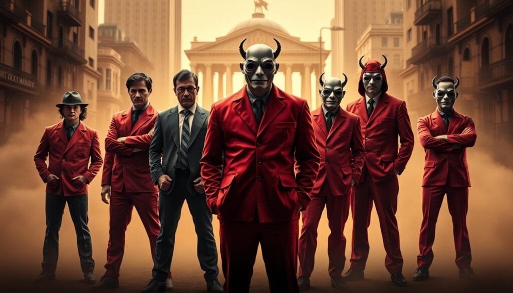 A group of secondary characters from the hit TV series "La Casa de Papel" (Money Heist), posed against a warm, cinematic backdrop. In the foreground, the figures stand with determined expressions, their unique personalities and quirks evident in their body language and attire. The middle ground features a stylized, urban setting, with the iconic red jumpsuits and Dali masks of the main heist crew visible in the distance. The background blends seamlessly, creating a sense of depth and mystery, as if hinting at the larger narrative unfolding within the series. Soft, directional lighting illuminates the scene, evoking a sense of drama and intrigue. The overall composition and tone should reflect the captivating nature of the supporting cast and their important role in the larger story of "La Casa de Papel".