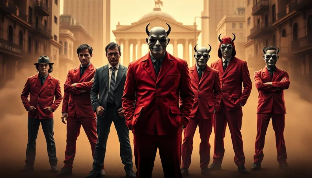 A group of secondary characters from the hit TV series "La Casa de Papel" (Money Heist), posed against a warm, cinematic backdrop. In the foreground, the figures stand with determined expressions, their unique personalities and quirks evident in their body language and attire. The middle ground features a stylized, urban setting, with the iconic red jumpsuits and Dali masks of the main heist crew visible in the distance. The background blends seamlessly, creating a sense of depth and mystery, as if hinting at the larger narrative unfolding within the series. Soft, directional lighting illuminates the scene, evoking a sense of drama and intrigue. The overall composition and tone should reflect the captivating nature of the supporting cast and their important role in the larger story of "La Casa de Papel". A group of secondary characters from the hit TV series "La Casa de Papel" (Money Heist), posed against a warm, cinematic backdrop. In the foreground, the figures stand with determined expressions, their unique personalities and quirks evident in their body language and attire. The middle ground features a stylized, urban setting, with the iconic red jumpsuits and Dali masks of the main heist crew visible in the distance. The background blends seamlessly, creating a sense of depth and mystery, as if hinting at the larger narrative unfolding within the series. Soft, directional lighting illuminates the scene, evoking a sense of drama and intrigue. The overall composition and tone should reflect the captivating nature of the supporting cast and their important role in the larger story of "La Casa de Papel".