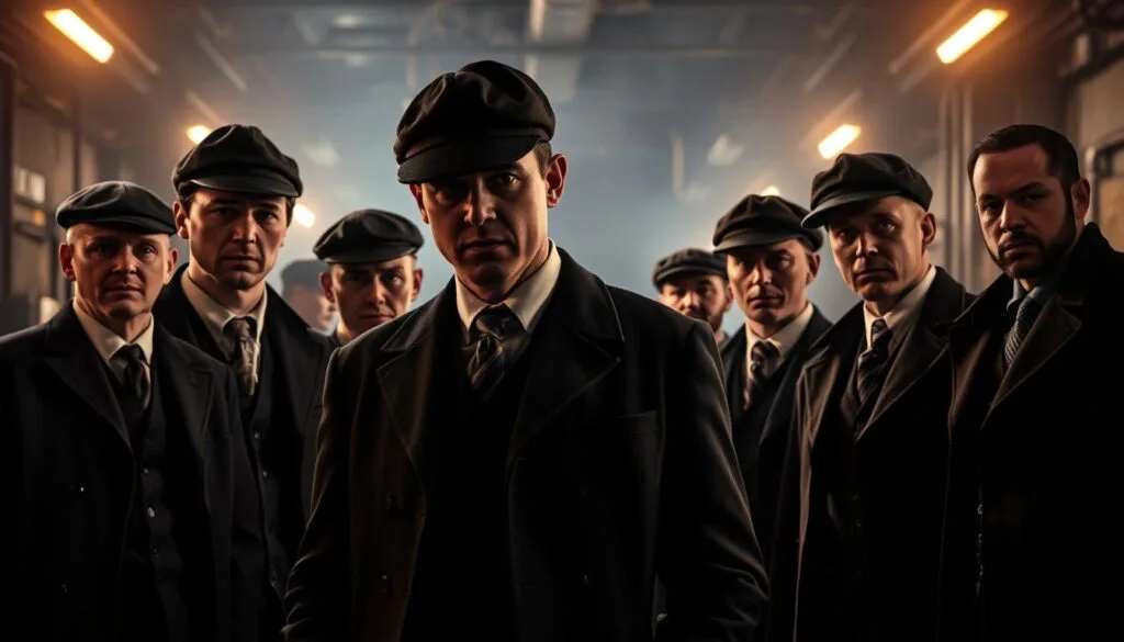 A group of supporting characters from the gritty British crime drama Peaky Blinders, set in 1919 Birmingham. In the dimly lit, industrial background, the figures stand resolute, their faces partially obscured by shadows, conveying a sense of mystery and intrigue. The characters are dressed in the distinct period attire of the era - flat caps, waistcoats, and overcoats - suggesting their working-class origins. The lighting is dramatic, with highlights and contours accentuating the characters' rugged features, creating an atmosphere of tension and anticipation. The composition emphasizes the ensemble nature of the scene, with the characters arranged in a dynamic, asymmetrical layout that draws the viewer's eye across the frame.