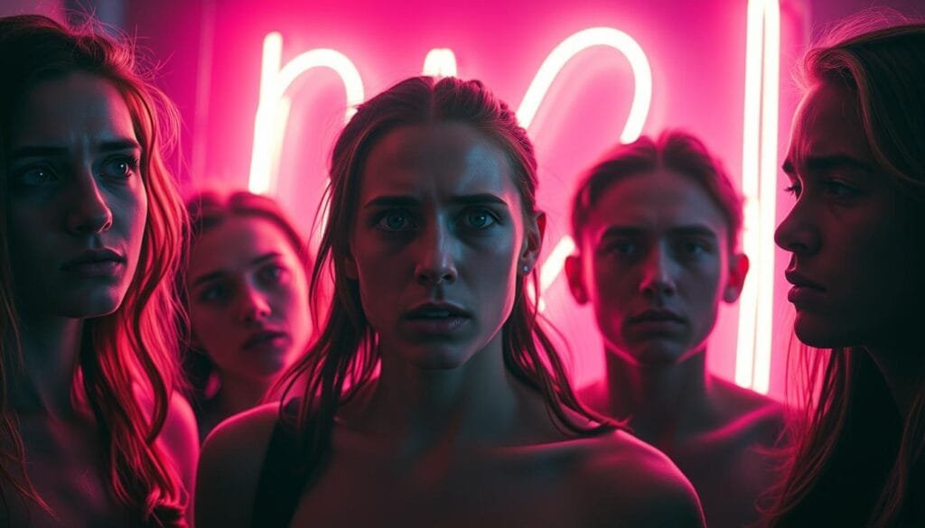A group of young adults, their faces etched with intense emotion, stand against a backdrop of vibrant neon lights. The dramatic tension palpable, their expressions convey a range of turbulent feelings - anxiety, vulnerability, and a yearning for connection. The scene is bathed in a moody, cinematic lighting, casting dramatic shadows that accentuate the depth of their experiences. The camera angles shift, capturing intimate close-ups and wider shots that reveal the sense of isolation within the collective. This is a visually captivating depiction of the raw, visceral drama that defines the world of Euphoria.