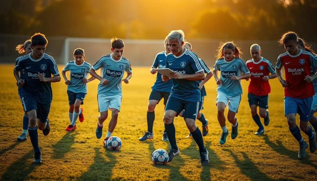 A group of young soccer players intensely training on a grassy field, the Blue Lock logo visible on their jerseys. The scene is bathed in warm, golden hour lighting, creating a dramatic, cinematic atmosphere. Players move with precise, choreographed movements, some dribbling the ball, others engaged in spirited drills and exercises. In the middle ground, a coach observes the session, clipboard in hand, offering instruction and encouragement. The background is blurred, drawing the eye to the training action in the foreground. The overall mood is one of focused determination, the players pushing themselves to their limits in pursuit of soccer excellence.