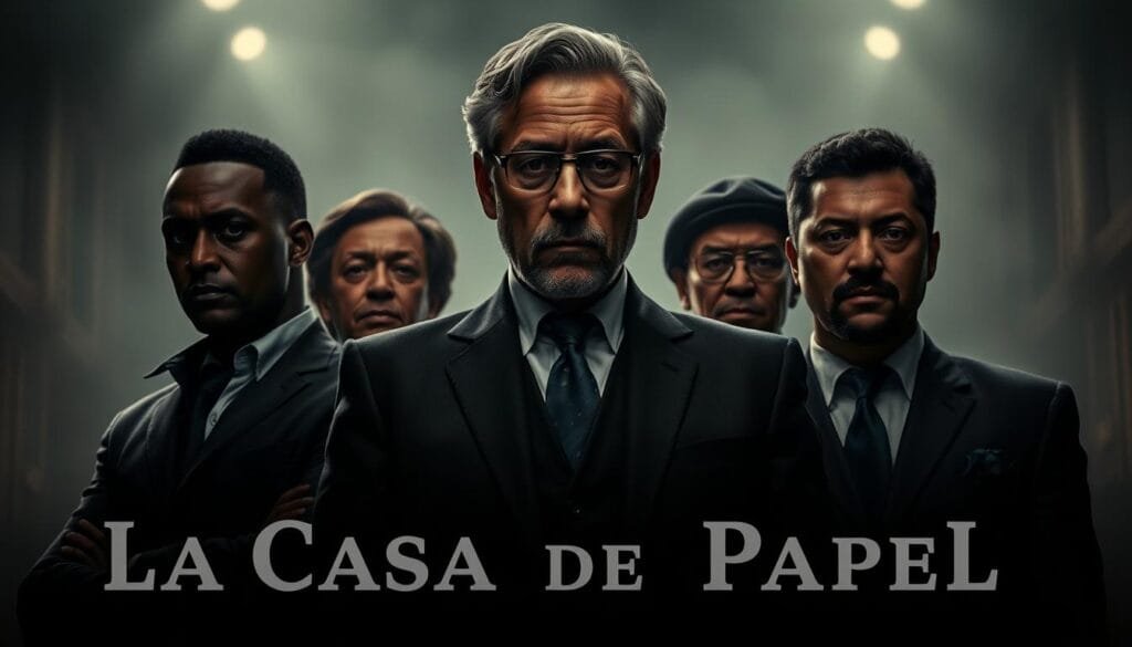 A group portrait of the Professor and the leaders of the heist crew from La Casa de Papel, captured in a chiaroscuro lighting style with a dramatic, moody atmosphere. The Professor, an intellectual mastermind, stands in the center, flanked by the bold and determined Nairobi, the cunning Berlin, and the resolute Tokyo. Their facial expressions convey a palpable sense of purpose and intensity, as if they are in the midst of planning their next daring robbery. The background is hazy and indistinct, allowing the central figures to take center stage. The image has a cinematic quality, evoking the high-stakes, suspenseful nature of the show.