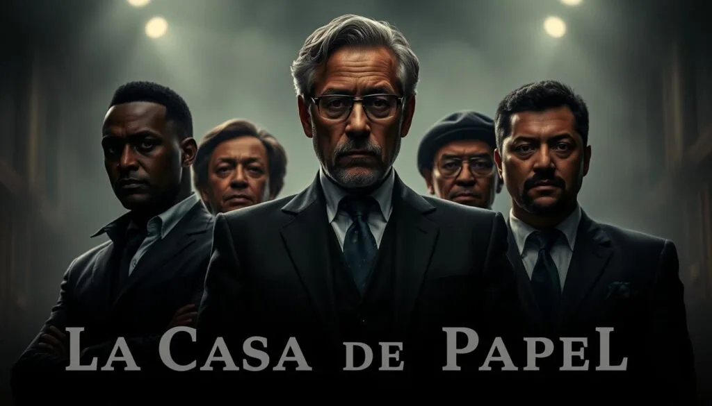 A group portrait of the Professor and the leaders of the heist crew from La Casa de Papel, captured in a chiaroscuro lighting style with a dramatic, moody atmosphere. The Professor, an intellectual mastermind, stands in the center, flanked by the bold and determined Nairobi, the cunning Berlin, and the resolute Tokyo. Their facial expressions convey a palpable sense of purpose and intensity, as if they are in the midst of planning their next daring robbery. The background is hazy and indistinct, allowing the central figures to take center stage. The image has a cinematic quality, evoking the high-stakes, suspenseful nature of the show. A group portrait of the Professor and the leaders of the heist crew from La Casa de Papel, captured in a chiaroscuro lighting style with a dramatic, moody atmosphere. The Professor, an intellectual mastermind, stands in the center, flanked by the bold and determined Nairobi, the cunning Berlin, and the resolute Tokyo. Their facial expressions convey a palpable sense of purpose and intensity, as if they are in the midst of planning their next daring robbery. The background is hazy and indistinct, allowing the central figures to take center stage. The image has a cinematic quality, evoking the high-stakes, suspenseful nature of the show.