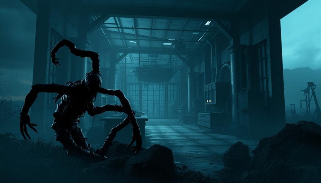 A hauntingly beautiful conceptual piece depicting the iconic Resident Evil universe. In the foreground, a twisted, organic structure resembling a mutated creature emerges from the shadows, its limbs contorted and gnarled. The middle ground features a dilapidated, abandoned laboratory setting, with ominous machinery and eerie lighting casting an ominous glow. In the background, a surreal, dreamlike landscape unfolds, hinting at the unseen horrors that lurk within the Resident Evil world. The scene is bathed in a cool, muted color palette, creating a sense of unease and dread. Dramatic angles and a cinematic, moody atmosphere heighten the sense of tension and mystery.