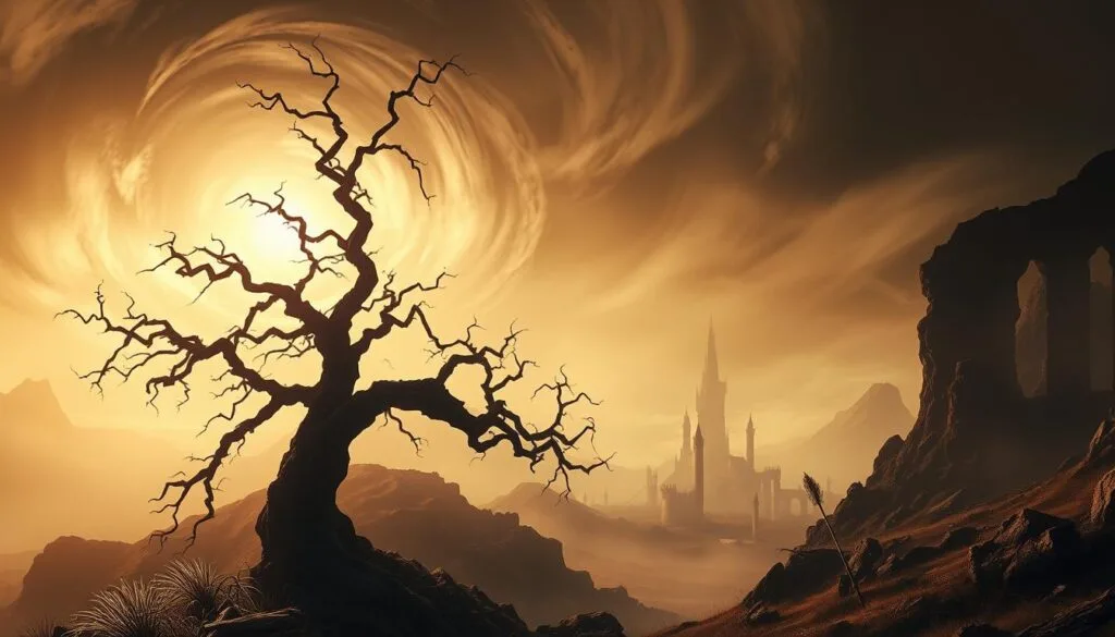 A hauntingly beautiful landscape of the Lands Between, the world of Elden Ring. A somber, ethereal atmosphere pervades the scene, with a dreamy, impressionistic quality. In the foreground, a twisted, gnarled tree stands sentinel, its branches reaching up towards a swirling, mist-shrouded sky. Beyond, the rugged, undulating terrain is punctuated by crumbling ruins and the silhouettes of distant, towering structures. The lighting is soft and diffuse, casting a warm, golden glow that infuses the entire scene with a sense of melancholy grandeur. The overall composition evokes a profound sense of the game's unique aesthetic - one of ancient, primal power, tinged with a bittersweet, ethereal beauty. A hauntingly beautiful landscape of the Lands Between, the world of Elden Ring. A somber, ethereal atmosphere pervades the scene, with a dreamy, impressionistic quality. In the foreground, a twisted, gnarled tree stands sentinel, its branches reaching up towards a swirling, mist-shrouded sky. Beyond, the rugged, undulating terrain is punctuated by crumbling ruins and the silhouettes of distant, towering structures. The lighting is soft and diffuse, casting a warm, golden glow that infuses the entire scene with a sense of melancholy grandeur. The overall composition evokes a profound sense of the game's unique aesthetic - one of ancient, primal power, tinged with a bittersweet, ethereal beauty.