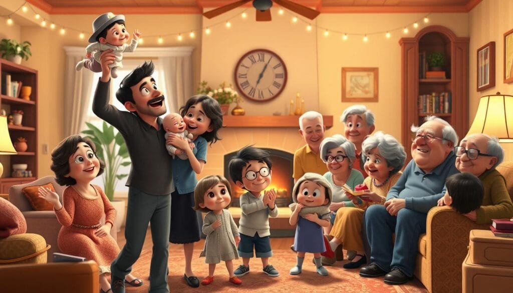 A heartwarming family scene in the signature Pixar style, showcasing the warm and whimsical relationships between parents, children, and extended relatives. The foreground features a lively group of characters - a father playfully tossing a toddler in the air, a mother cuddling a newborn, and older siblings engaged in lively banter. The middle ground shows grandparents, aunts, and uncles gathered around a cozy fireplace, sharing stories and laughter. The background depicts a cozy, inviting Pixar-esque home, with twinkling lights, cozy furnishings, and a sense of togetherness. The lighting is soft and warm, creating a nostalgic, comforting atmosphere. The scene exudes the close-knit, familial spirit that is quintessential to the Pixar aesthetic. A heartwarming family scene in the signature Pixar style, showcasing the warm and whimsical relationships between parents, children, and extended relatives. The foreground features a lively group of characters - a father playfully tossing a toddler in the air, a mother cuddling a newborn, and older siblings engaged in lively banter. The middle ground shows grandparents, aunts, and uncles gathered around a cozy fireplace, sharing stories and laughter. The background depicts a cozy, inviting Pixar-esque home, with twinkling lights, cozy furnishings, and a sense of togetherness. The lighting is soft and warm, creating a nostalgic, comforting atmosphere. The scene exudes the close-knit, familial spirit that is quintessential to the Pixar aesthetic.