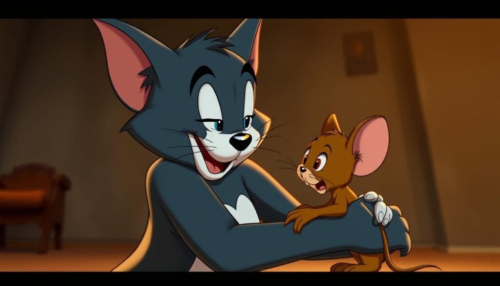 A heartwarming scene of Tom and Jerry, their usual rivalry put aside, embracing in a tender moment of emotional connection. The two iconic cartoon characters are positioned in the foreground, their expressions conveying a sense of vulnerability and empathy. Soft, warm lighting bathes the scene, creating an intimate and contemplative atmosphere. The background is subtly blurred, focusing the viewer's attention on the sincere interaction between the cat and mouse. Textural details, such as Tom's fur and Jerry's whiskers, lend a sense of realism to the image, inviting the viewer to be drawn into this unexpected, yet poignant, encounter.
