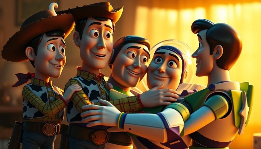 A heartwarming scene of the Toy Story characters embracing in a warm, cozy atmosphere. Woody, Buzz, and the rest of the gang are gathered together, their faces radiating a mix of joy, nostalgia, and a hint of melancholy, as if reminiscing cherished memories. The lighting is soft and gentle, casting a golden glow that envelops the group, creating a sense of intimacy and emotional connection. The background is blurred, allowing the viewer to focus solely on the emotional bond between the beloved toys. The composition is balanced, with the characters arranged in a natural, organic manner, conveying a sense of unity and family. Overall, the image evokes a profound sense of the enduring friendship and the bittersweet passage of time that defines the Toy Story universe. A heartwarming scene of the Toy Story characters embracing in a warm, cozy atmosphere. Woody, Buzz, and the rest of the gang are gathered together, their faces radiating a mix of joy, nostalgia, and a hint of melancholy, as if reminiscing cherished memories. The lighting is soft and gentle, casting a golden glow that envelops the group, creating a sense of intimacy and emotional connection. The background is blurred, allowing the viewer to focus solely on the emotional bond between the beloved toys. The composition is balanced, with the characters arranged in a natural, organic manner, conveying a sense of unity and family. Overall, the image evokes a profound sense of the enduring friendship and the bittersweet passage of time that defines the Toy Story universe.