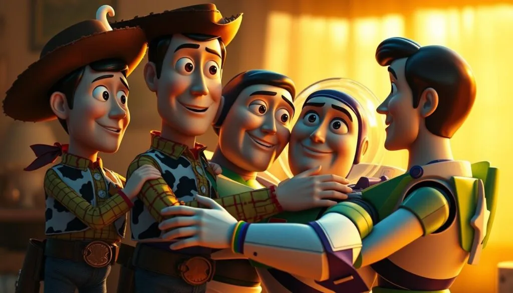 A heartwarming scene of the Toy Story characters embracing in a warm, cozy atmosphere. Woody, Buzz, and the rest of the gang are gathered together, their faces radiating a mix of joy, nostalgia, and a hint of melancholy, as if reminiscing cherished memories. The lighting is soft and gentle, casting a golden glow that envelops the group, creating a sense of intimacy and emotional connection. The background is blurred, allowing the viewer to focus solely on the emotional bond between the beloved toys. The composition is balanced, with the characters arranged in a natural, organic manner, conveying a sense of unity and family. Overall, the image evokes a profound sense of the enduring friendship and the bittersweet passage of time that defines the Toy Story universe.