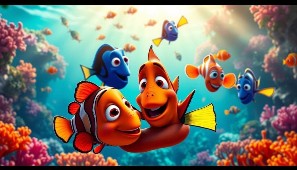 A heartwarming scene of the beloved Nemo characters gathered together for a special celebration. In the foreground, Nemo and Marlin embrace, their vibrant colors and expressive faces radiating joy. Surrounding them, Dory, Crush, and a school of tropical fish swim in a lush, underwater seascape, the sunlight filtering through the water and casting a warm, golden glow. In the background, a vibrant coral reef teeming with life serves as a colorful backdrop, creating a sense of depth and wonder. The overall atmosphere is one of togetherness, celebration, and the enduring bonds of family and friendship that make the world of Finding Nemo so beloved. A heartwarming scene of the beloved Nemo characters gathered together for a special celebration. In the foreground, Nemo and Marlin embrace, their vibrant colors and expressive faces radiating joy. Surrounding them, Dory, Crush, and a school of tropical fish swim in a lush, underwater seascape, the sunlight filtering through the water and casting a warm, golden glow. In the background, a vibrant coral reef teeming with life serves as a colorful backdrop, creating a sense of depth and wonder. The overall atmosphere is one of togetherness, celebration, and the enduring bonds of family and friendship that make the world of Finding Nemo so beloved.