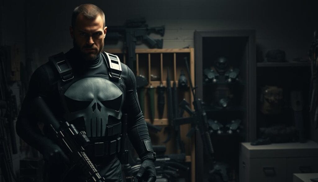 A heavily armed Punisher, the vigilante antihero, stands in a dimly lit armory. In the foreground, his signature skull-emblazoned body armor and utility belt are meticulously detailed, conveying an imposing, tactical presence. The middle ground reveals an array of high-caliber firearms, including a menacing assault rifle and compact handguns, all cast in a moody chiaroscuro lighting. In the background, a shadowy alcove showcases an array of specialized gear, such as night-vision goggles, combat knives, and a tactical vest, hinting at the character's relentless preparation for his crusade against evil. The scene exudes a sense of gritty determination and cold, calculated lethality, reflecting the Punisher's single-minded pursuit of justice through violent means.