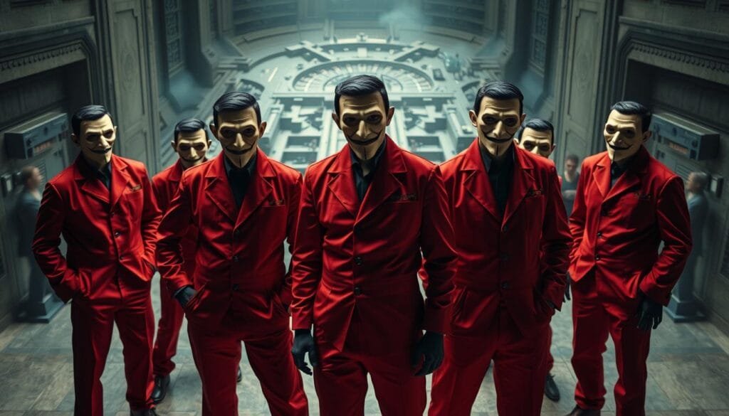 A heist team dressed in iconic red jumpsuits and Dali masks, gathered in a stylized, cinematic setting. The foreground features the main characters - the Professor, Tokyo, Nairobi, and others - standing with determination, their expressions intense. In the middle ground, the intricate layout of the Royal Mint of Spain unfolds, with its striking architecture and security systems. The background is a blur of action, hinting at the tense, high-stakes drama unfolding. The lighting is dramatic, casting deep shadows and highlights that amplify the atmosphere of a high-stakes, cat-and-mouse game. The overall mood is one of calculated intensity, capturing the essence of the beloved Netflix series "Money Heist".