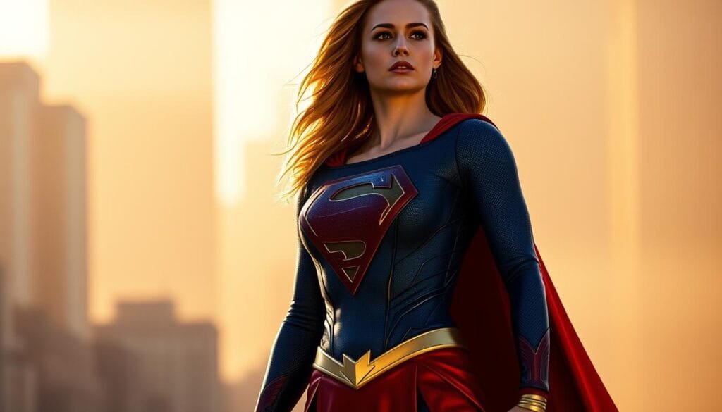 A heroic female figure stands tall, adorned in the iconic Supergirl costume of vibrant blues, reds, and gold. Her powerful stance exudes confidence and determination, as she gazes resolutely towards the horizon. The scene is illuminated by a warm, golden light, casting dramatic shadows that accentuate the contours of her muscular form. The background is a blurred, dreamlike cityscape, hinting at the urban environment she protects. The overall atmosphere conveys a sense of strength, purpose, and the boundless potential of this iconic superhero.