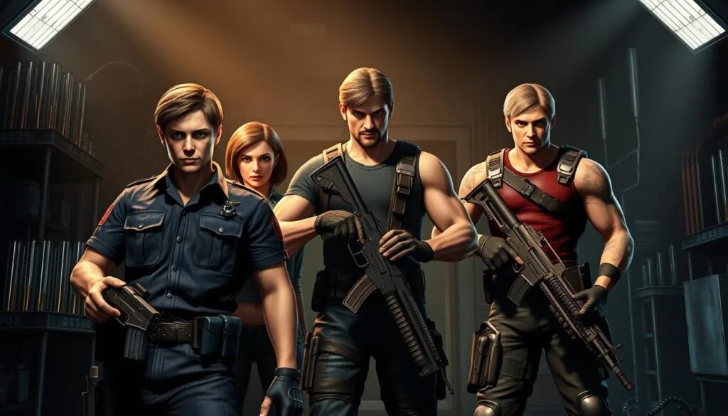 A heroic group of Resident Evil protagonists, standing tall and ready to confront the sinister forces of the T-Virus. In the foreground, Leon S. Kennedy, in his signature police uniform, grips his handgun with steely determination. Beside him, Jill Valentine, clad in her STARS tactical gear, exudes an aura of resilience. In the middle ground, Chris Redfield, the muscular veteran, stands firm, his assault rifle poised to defend the innocent. In the background, a dimly lit laboratory setting, with ominous test tubes and eerie machinery, hints at the looming threat they must face. Dramatic lighting casts dynamic shadows, heightening the sense of danger and urgency. The scene radiates an air of heroism, courage, and the unwavering commitment of these iconic Resident Evil characters to protect the world from the horrors that lurk within.