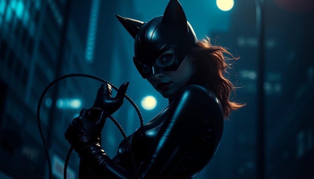 A high-contrast, atmospheric image of Catwoman in her signature black leather suit, posed elegantly against a dimly lit urban backdrop. Dramatic low-angle lighting casts sharp shadows, accentuating her lithe, predatory movements. The scene is bathed in a cool, bluish hue, creating a sense of mystery and sophistication. Catwoman's piercing gaze is fixed intently, her whip coiled menacingly in her hand. The composition is cinematic, with a tight focus on the subject and a blurred cityscape fading into the background. This image showcases advanced techniques in lighting and staging to capture the essence of this iconic superheroine.