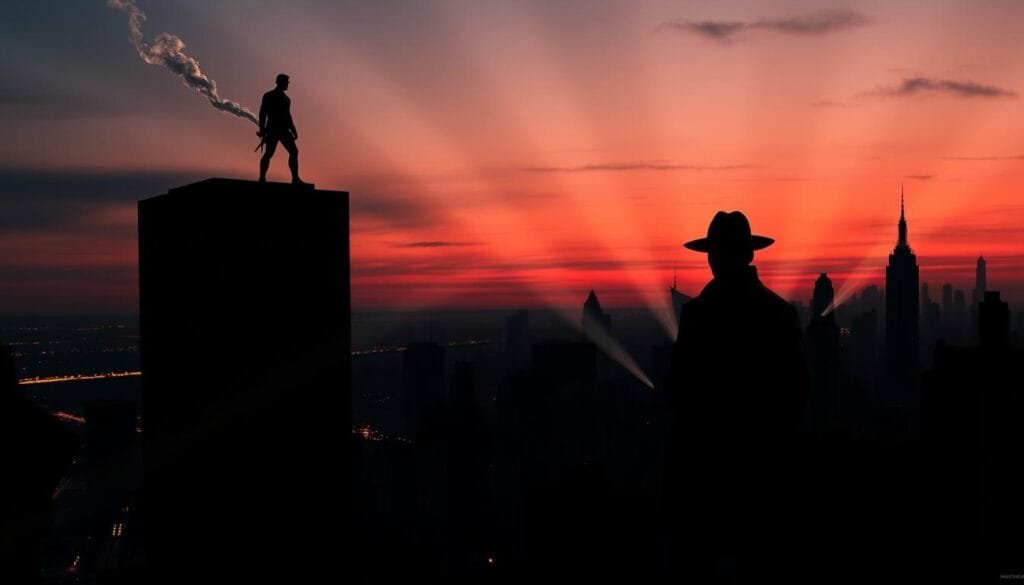 A high-contrast cityscape at dusk, with the silhouette of a lone figure in a red suit perched atop a skyscraper. Wisps of smoke curl from the streets below, as a shadowy figure in a trenchcoat and fedora emerges from an alley, facing off against the crimson-clad hero. Beams of light pierce the gloom, casting dramatic shadows and highlighting the tension between the two characters. The scene exudes a noir-esque atmosphere, hinting at a crossover between the gritty world of Daredevil and the enigmatic realm of another iconic Marvel character.