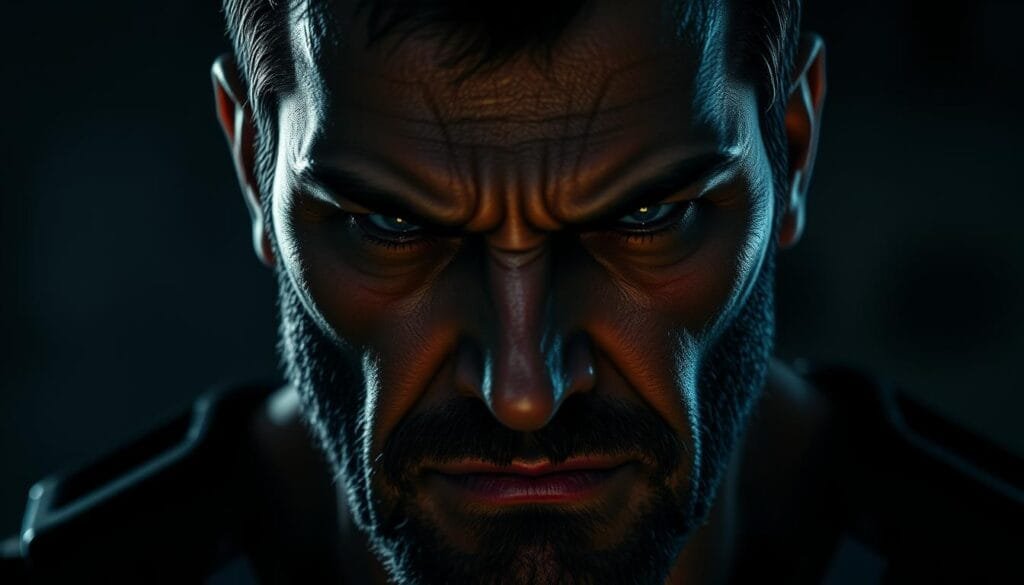 A high-contrast, close-up portrait of Frank Castle, the Punisher, scowling intensely with a brooding, gritty expression. Dramatic low-angle lighting casts harsh shadows across his rugged, weathered face, highlighting his chiseled features and intense gaze. The image has a moody, cinematic atmosphere, conveying a sense of righteous fury and unbridled vengeance. The background is blurred, placing the focus entirely on the Punisher's powerful, intimidating visage. Rendered in a photorealistic style with meticulous attention to detail, this portrait captures the very essence of the Punisher - a man consumed by his quest for justice at all costs.