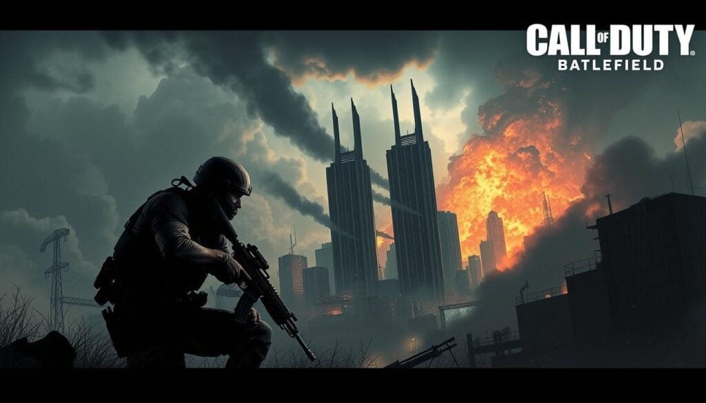 A high-contrast, gritty digital illustration of a futuristic Call of Duty battlefield. In the foreground, a heavily armed soldier in tactical gear crouches behind cover, assault rifle at the ready. The middle ground is a dystopian cityscape, with towering skyscrapers and billowing smoke. In the background, a dramatic sky ablaze with the fiery aftermath of an explosive conflict. The composition uses bold, angular shapes and a muted, industrial color palette to convey a sense of intensity and high-stakes combat. Dramatic side lighting casts dramatic shadows, adding depth and a cinematic quality to the scene. An eerie, unsettling atmosphere permeates the image, hinting at the profound costs of modern warfare.