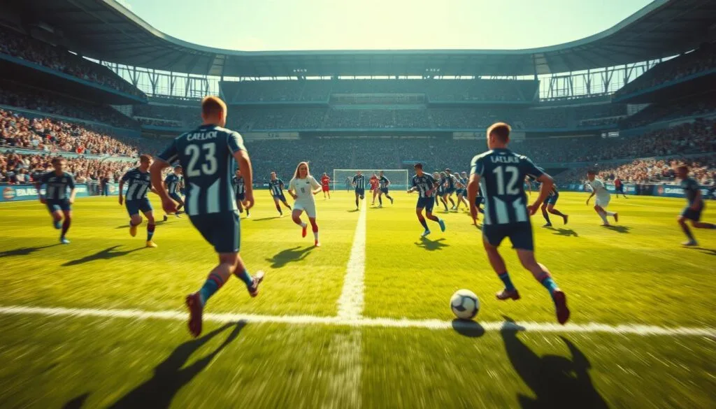A high-energy soccer match featuring the dynamic teams of Blue Lock, captured in a dynamic wide-angle composition. The foreground showcases players in their distinct uniforms, locked in intense competition as they dribble and pass the ball. The middle ground reveals the full teams in formation, their movements blurred with motion. In the background, a sprawling soccer stadium comes into focus, with spectators cheering from the stands under dramatic lighting that casts long shadows across the field. The overall scene conveys the thrill and spectacle of a Blue Lock match, with a sense of kinetic energy and fierce determination.