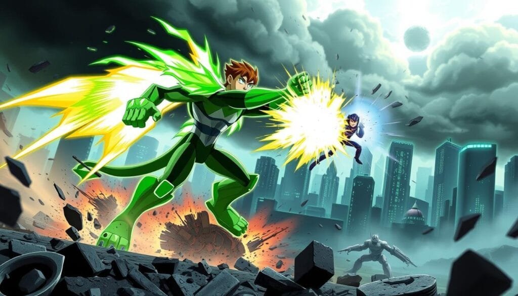 A high-intensity action scene of Ben 10 in mid-transformation, his alien form's muscular limbs and glowing eyes blazing with energy. In the foreground, Ben clashes with a powerful enemy, their attacks colliding in a spectacular display of otherworldly powers. The middle ground is filled with debris and the devastation of their epic battle, while the background depicts a futuristic cityscape shrouded in dramatic lighting - neon-tinged shadows and ominous clouds overhead. Capture the raw power, dynamism, and sense of peril as Ben fights to defend his world against formidable foes.