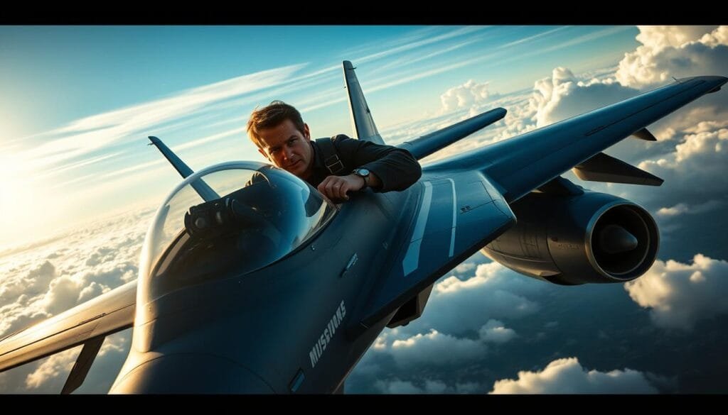 A high-intensity aerial scene with Ethan Hunt, the iconic Mission: Impossible protagonist, flying a state-of-the-art fighter jet alongside Maverick, the legendary Top Gun pilot. The sun-drenched sky is filled with a sense of urgency as they navigate a perilous mission, their aircraft banks and weaves through the clouds, engines roaring with power. In the foreground, Ethan's determined expression is set against the sleek, angular lines of the jet's fuselage. The middle ground captures the drama of their daring maneuvers, while the distant horizon hints at the scale of the operation. Ominous storm clouds loom, underscoring the gravity of their impossible task. Dramatic lighting and a cinematic depth-of-field enhance the sense of high-stakes action and suspense.