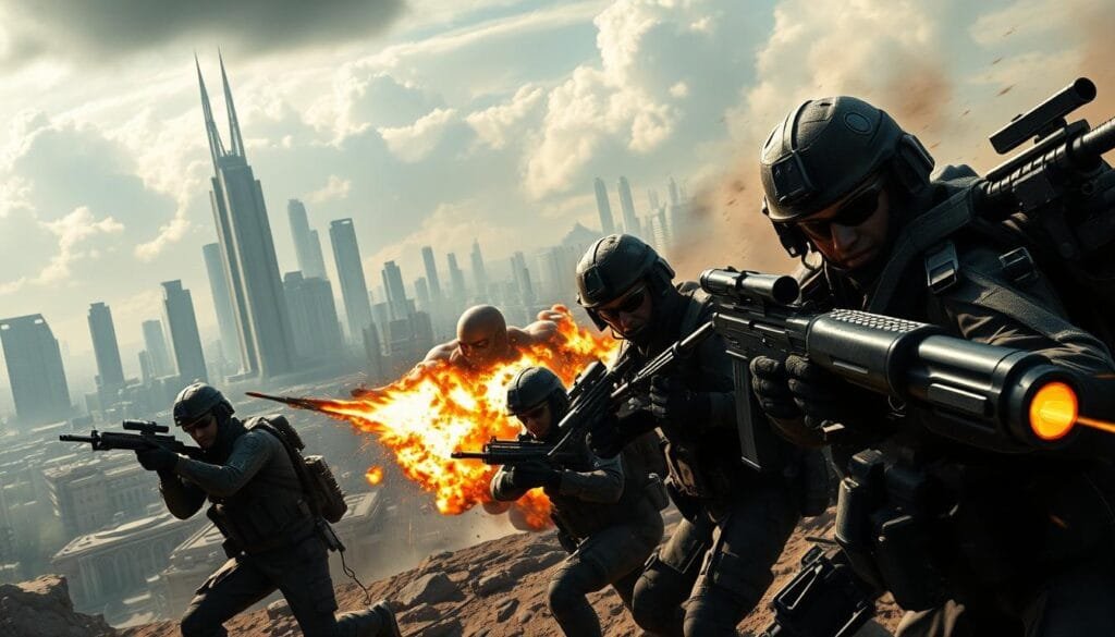 A high-intensity, cinematic-style image depicting the special game modes in the Call of Duty franchise. In the foreground, a group of elite soldiers engage in intense combat, their weapons blazing and expressions intense. The middle ground showcases various gameplay elements such as objective markers, killstreaks, and HUD elements, all rendered with a gritty, high-contrast aesthetic. In the background, a vast, dystopian cityscape with towering skyscrapers and ominous clouds sets the tone of a futuristic, war-torn environment. Dramatic lighting casts deep shadows and highlights the action, creating a sense of urgency and tension. The overall composition should convey the thrill and intensity of Call of Duty's special game modes.