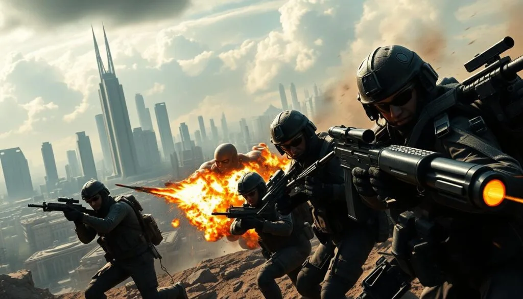 A high-intensity, cinematic-style image depicting the special game modes in the Call of Duty franchise. In the foreground, a group of elite soldiers engage in intense combat, their weapons blazing and expressions intense. The middle ground showcases various gameplay elements such as objective markers, killstreaks, and HUD elements, all rendered with a gritty, high-contrast aesthetic. In the background, a vast, dystopian cityscape with towering skyscrapers and ominous clouds sets the tone of a futuristic, war-torn environment. Dramatic lighting casts deep shadows and highlights the action, creating a sense of urgency and tension. The overall composition should convey the thrill and intensity of Call of Duty's special game modes.