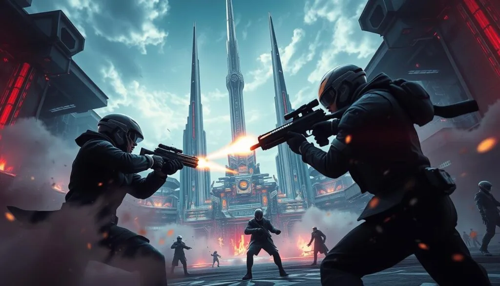 A high-intensity combat scene unfolding in the vibrant world of Valorant. In the foreground, two skilled agents engage in a fierce firefight, their weapons blazing with precision and power. Flashes of gunfire and clouds of smoke obscure the action, lending an air of dynamism and urgency. In the middle ground, the arena itself takes shape, a futuristic landscape of sleek architecture and technological flourishes. Towering structures and strategic vantage points provide the backdrop for the clash of agents. Dramatic, cinematic lighting casts dramatic shadows and highlights the intensity of the battle, while a low camera angle emphasizes the scale and drama of the confrontation. An atmosphere of high-stakes conflict and strategic maneuvering pervades the scene, capturing the essence of Valorant's dynamic and thrilling combat.