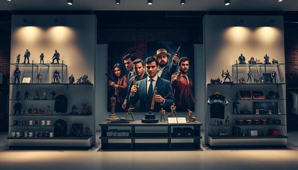 A high-quality, cinematic image of a merchandising display showcasing iconic items from the hit TV series "La Casa de Papel" (Money Heist). The foreground features an array of meticulously crafted action figures, mugs, t-shirts, and other collectibles, all displayed on sleek, modern shelves against a stark, minimalist backdrop. The middle ground depicts a large, dynamic mural painting of the show's characters in vibrant, comic book-inspired style, while the background is a dimly lit, industrial-chic setting with exposed brick walls and moody lighting, evoking the gritty, high-stakes atmosphere of the series. The overall composition strikes a balance between product display and artistic interpretation, creating a visually captivating scene that celebrates the show's global popularity and enduring legacy.