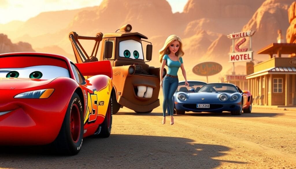 A high-quality, detailed image of the main characters from the Cars animated film franchise. In the foreground, Lightning McQueen, the red race car protagonist, is seen revving his engine with a determined expression. Behind him, Mater the tow truck, with his crooked grin and tow hook, is enthusiastically cheering him on. In the middle ground, the sleek and sophisticated Sally Carrera, a blue Porsche 911, stands with a confident pose. In the background, the dusty streets of Radiator Springs are visible, with the iconic Wheel Well Motel and surrounding desert landscape. The scene is illuminated by warm, golden sunlight, creating a vibrant, cinematic atmosphere that captures the spirit of the Cars universe.