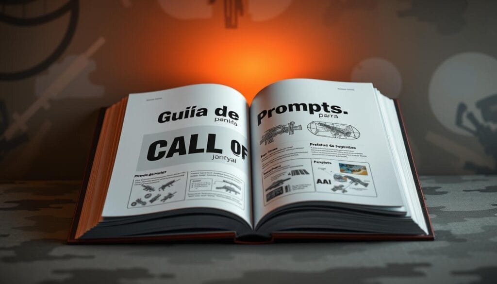 A high-quality hardcover book with a glossy cover, opened to display the title "Guía de Prompts para Call of Duty" in a bold, eye-catching font. The pages are crisp and clean, with detailed illustrations and diagrams showcasing various prompts for generating Call of Duty-inspired images using AI. The book is set against a muted, military-inspired background, with subtle hints of camouflage patterns and tactical gear visible in the periphery. Warm, directional lighting illuminates the book, creating a sense of authority and professionalism. The overall composition is balanced and visually appealing, drawing the viewer's attention to the book's content.