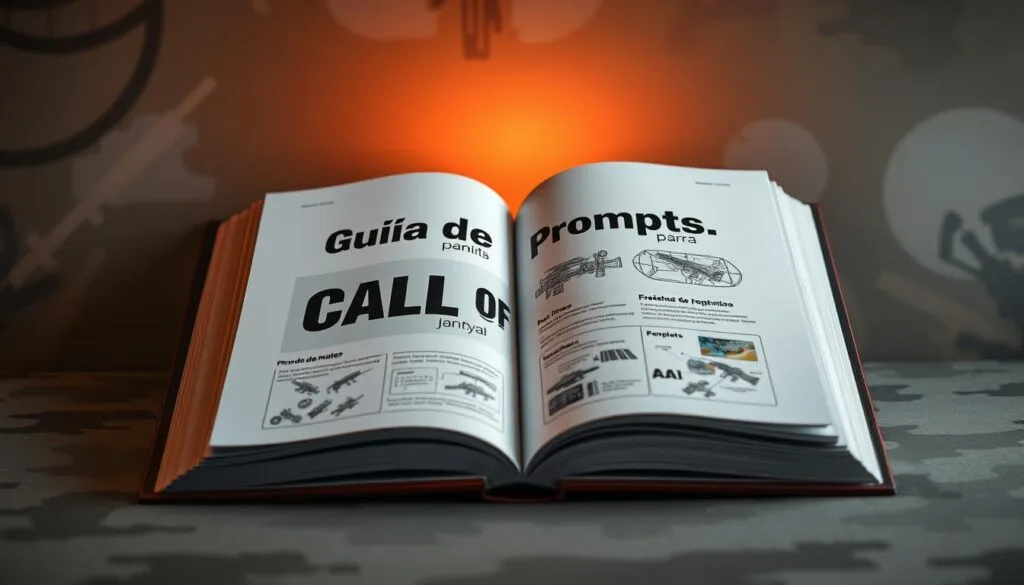 A high-quality hardcover book with a glossy cover, opened to display the title "Guía de Prompts para Call of Duty" in a bold, eye-catching font. The pages are crisp and clean, with detailed illustrations and diagrams showcasing various prompts for generating Call of Duty-inspired images using AI. The book is set against a muted, military-inspired background, with subtle hints of camouflage patterns and tactical gear visible in the periphery. Warm, directional lighting illuminates the book, creating a sense of authority and professionalism. The overall composition is balanced and visually appealing, drawing the viewer's attention to the book's content.