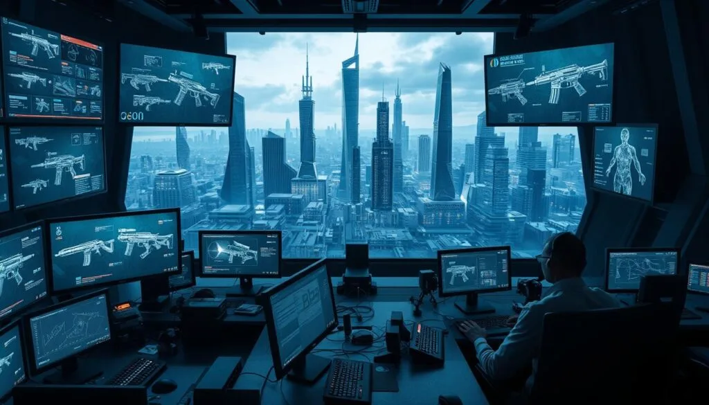 A high-quality, hyper-realistic image of practical applications for AI-generated images in the context of the Call of Duty video game franchise. The scene depicts a military command center, with screens and monitors displaying various in-game assets, weapon schematics, and player performance data. The lighting is cool and subdued, creating a sense of seriousness and professionalism. In the foreground, a team of operators and analysts are closely examining the data, making tactical decisions. The middle ground features advanced computer workstations and cutting-edge technology, while the background showcases a sweeping, futuristic cityscape with towering skyscrapers and sleek, angular architecture. The overall mood is one of strategic planning, military precision, and the seamless integration of human expertise and AI-powered capabilities.