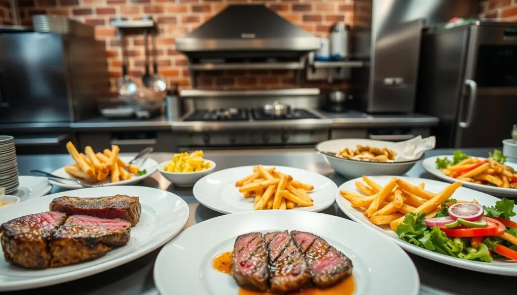 A high-quality still life of various culinary dishes from the TV series "The Bear". In the foreground, a selection of expertly prepared plates, including a juicy medium-rare steak, crisp fries, and a vibrant salad. In the middle ground, a stainless steel kitchen counter with utensils and herbs. The background features the warm, industrial-chic ambiance of the restaurant kitchen, with exposed brick walls, stainless steel appliances, and soft, focused lighting. The overall scene conveys the attention to detail, passion, and skill of the chefs featured in the show.