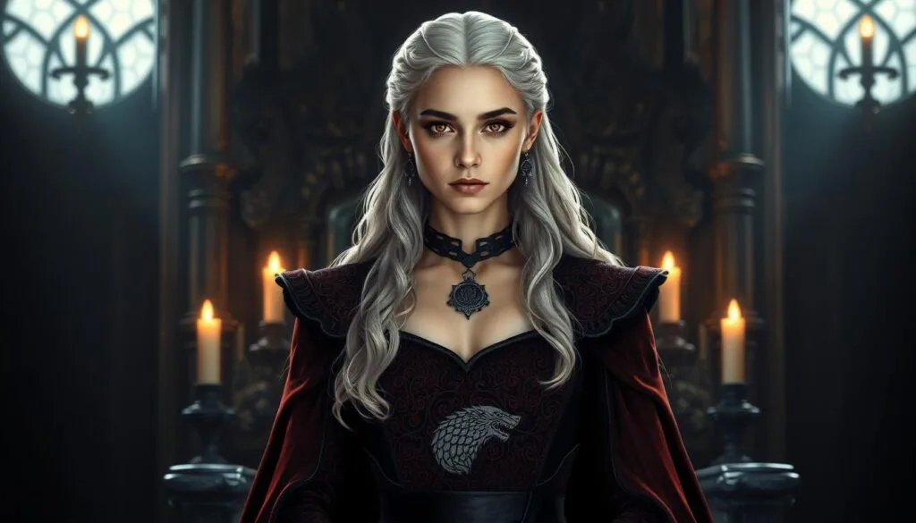 A high-resolution portrait of Rhaenyra Targaryen, the heir apparent to the Iron Throne, standing confidently in a dimly lit throne room. Her piercing gaze and regal posture command attention, her long silver hair flowing gracefully over her shoulders. Rhaenyra is dressed in an intricate, custom-made gown of deep crimson and black, adorned with the sigil of House Targaryen. Subtle highlights from the flickering candlelight accentuate the sharpness of her features and the determination in her eyes. The background is shrouded in shadows, emphasizing the character's presence and the weight of her destiny as a future queen. A high-resolution portrait of Rhaenyra Targaryen, the heir apparent to the Iron Throne, standing confidently in a dimly lit throne room. Her piercing gaze and regal posture command attention, her long silver hair flowing gracefully over her shoulders. Rhaenyra is dressed in an intricate, custom-made gown of deep crimson and black, adorned with the sigil of House Targaryen. Subtle highlights from the flickering candlelight accentuate the sharpness of her features and the determination in her eyes. The background is shrouded in shadows, emphasizing the character's presence and the weight of her destiny as a future queen.