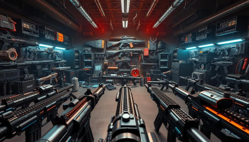 A high-tech armory filled with an array of futuristic weapons and gadgets, bathed in a warm, neon-tinged glow. In the foreground, sleek and deadly-looking firearms are meticulously displayed, their surfaces gleaming under precise studio lighting. The middle ground showcases a diverse collection of specialized equipment, from tactical gear to cutting-edge tech, all arranged in a visually striking layout. In the background, a moody, industrial-style environment sets the scene, with shadowy corners and a subtle haze that adds depth and atmosphere to the scene. The overall impression is one of power, precision, and the cutting edge of modern combat.