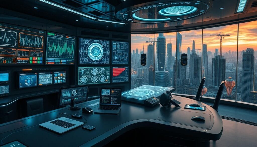 A high-tech control room with AI-powered tools, monitoring screens, and holographic displays. In the foreground, a sleek and modern desk with a laptop, tablet, and various control interfaces. The middle ground features an array of complex algorithms and data visualizations, with neon-lit panels and futuristic technology. The background showcases a dynamic cityscape of The Royal Mint of Spain, the setting of the popular TV series "La Casa de Papel". The atmosphere is tense, with a sense of urgency and innovation, reflecting the technical prowess needed to pull off the show's daring heists.