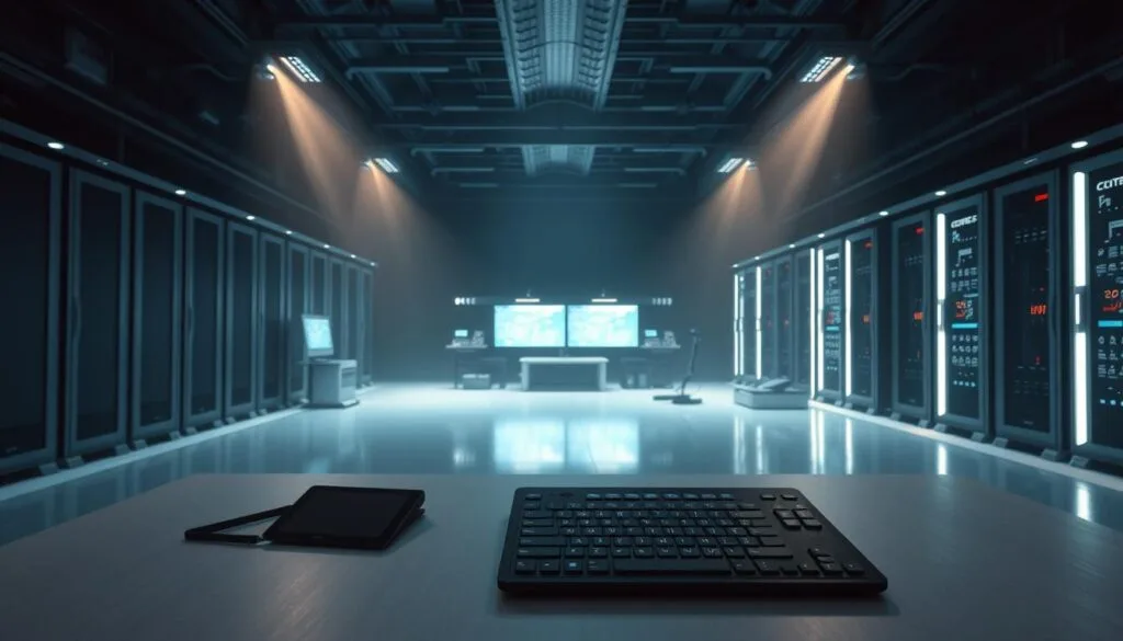 A high-tech digital art studio, dimly lit by soft, directional lighting that casts dramatic shadows. In the foreground, a futuristic-looking keyboard and tablet device sit on a sleek, minimalist desk. The middle ground features an array of advanced AI-powered graphics tablets, styluses, and other cutting-edge tools for digital art creation. In the background, rows of towering server racks and glowing computer monitors hint at the powerful technology powering the creative process. The overall atmosphere is one of focus, innovation, and the seamless integration of human artistic vision and advanced computational power.