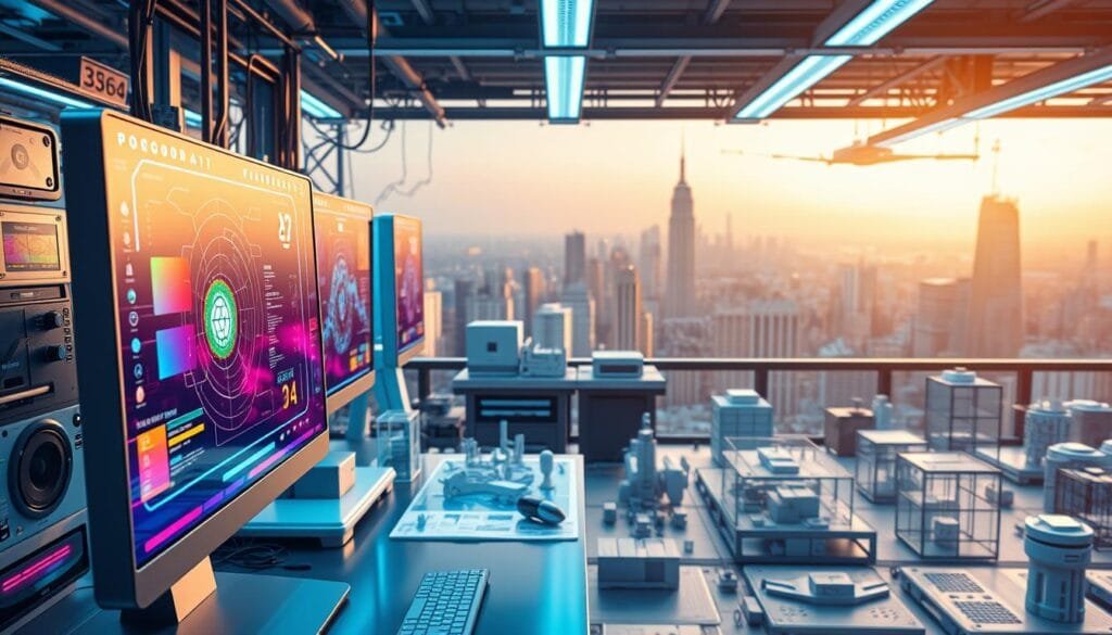 A high-tech digital workshop, with state-of-the-art AI image generation systems humming with activity. In the foreground, a sleek, futuristic computer terminal displays a vibrant, colorful interface, representing the powerful capabilities of AI-driven image creation. The middle ground showcases various 3D models, wireframes, and visual elements, hinting at the intricate process behind generating stunning, photorealistic imagery. In the background, a panoramic view of a dynamic city skyline, bathed in warm, golden light, suggests the vast potential and impact of this emerging technology. The overall scene conveys a sense of innovation, creativity, and the boundless possibilities of AI-powered image generation.