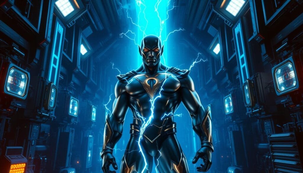 A high-tech laboratory bathed in a vibrant blue glow, with sleek black and gold machinery lining the walls. In the center, a towering figure emerges, wreathed in electricity and power - Black Adam, the anti-hero of the DC universe. His chiseled features are set in a determined expression, radiating a commanding presence. The scene is framed by a futuristic, neo-gothic architecture, with sharp angles and intricate details that evoke a sense of advanced technology and mysticism. Dramatic lighting casts deep shadows, creating a moody, cinematic atmosphere that captures the essence of this complex and powerful character.