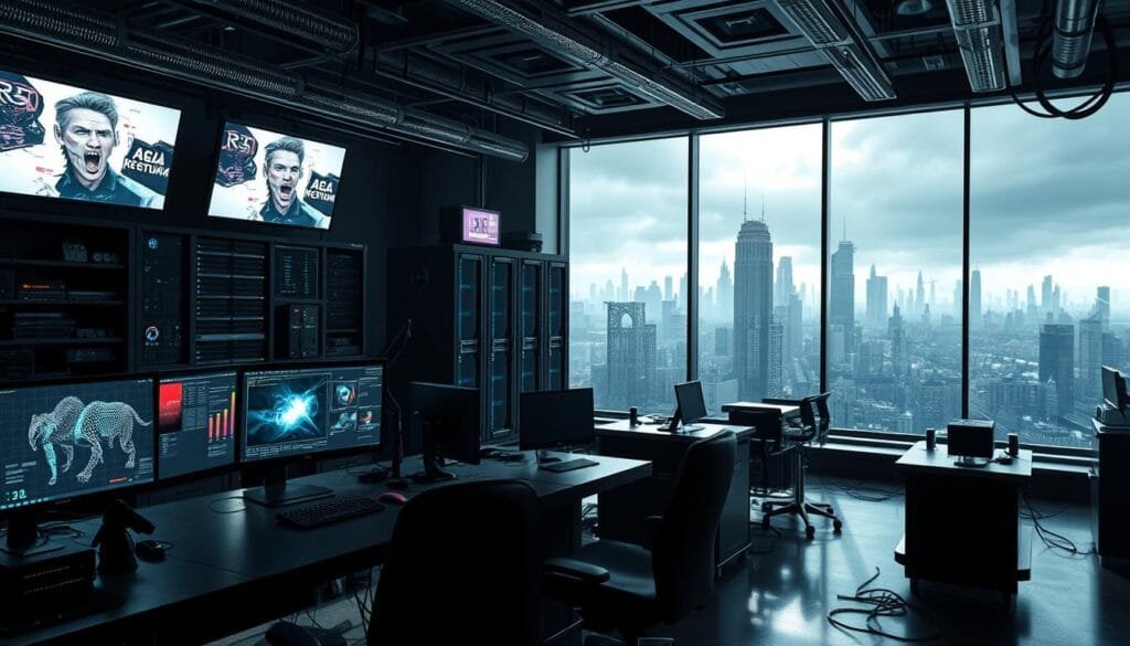 A high-tech laboratory filled with state-of-the-art AI tools and equipment, designed for creating cutting-edge Resident Evil artwork. In the foreground, a sleek, futuristic workstation with advanced computer monitors, 3D modeling software, and a digital stylus. In the middle ground, cutting-edge hardware like neural network accelerators, GPU clusters, and data visualization tools. The background features rows of server racks, holographic displays, and a large window overlooking a dystopian, post-apocalyptic cityscape, reflecting the dark and ominous atmosphere of the Resident Evil universe. Dramatic studio lighting casts long shadows, adding depth and drama to the scene. The overall mood is one of technological innovation and creativity, harnessed to bring the nightmarish world of Resident Evil to life. A high-tech laboratory filled with state-of-the-art AI tools and equipment, designed for creating cutting-edge Resident Evil artwork. In the foreground, a sleek, futuristic workstation with advanced computer monitors, 3D modeling software, and a digital stylus. In the middle ground, cutting-edge hardware like neural network accelerators, GPU clusters, and data visualization tools. The background features rows of server racks, holographic displays, and a large window overlooking a dystopian, post-apocalyptic cityscape, reflecting the dark and ominous atmosphere of the Resident Evil universe. Dramatic studio lighting casts long shadows, adding depth and drama to the scene. The overall mood is one of technological innovation and creativity, harnessed to bring the nightmarish world of Resident Evil to life.
