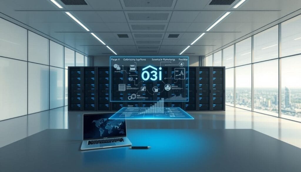 A high-tech, minimalist workspace with clean lines and a sleek, futuristic aesthetic. In the foreground, a desk with a laptop, pen, and a floating holographic display showcasing optimization algorithms and data visualizations. The middle ground features rows of server racks bathed in a soft, indirect blue lighting, symbolizing the power of AI infrastructure. The background is a vast, glass-walled expanse overlooking a dynamic cityscape, emphasizing the global reach and impact of prompt engineering. The scene conveys a sense of precision, efficiency, and the seamless integration of human creativity and technological prowess.