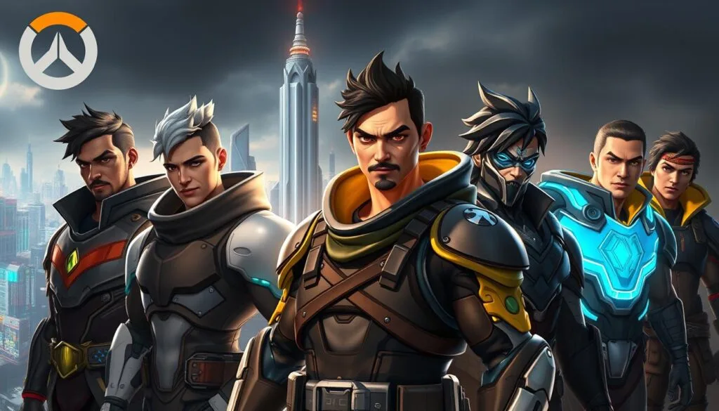 A highly detailed and hyper-realistic digital painting of personalized skins for Overwatch 2 characters, created using advanced AI-powered image generation technology. The skins are showcased against a dramatic, cinematic backdrop with moody lighting and intricate details. The foreground features the characters in dynamic poses, their expressive faces and detailed costumes reflecting the unique style and personality of each hero. The middle ground includes a lush, futuristic cityscape with towering skyscrapers and advanced technology. The background blends seamlessly, creating a sense of depth and immersion. The overall composition is visually striking, capturing the essence of Overwatch 2's vibrant and imaginative world.
