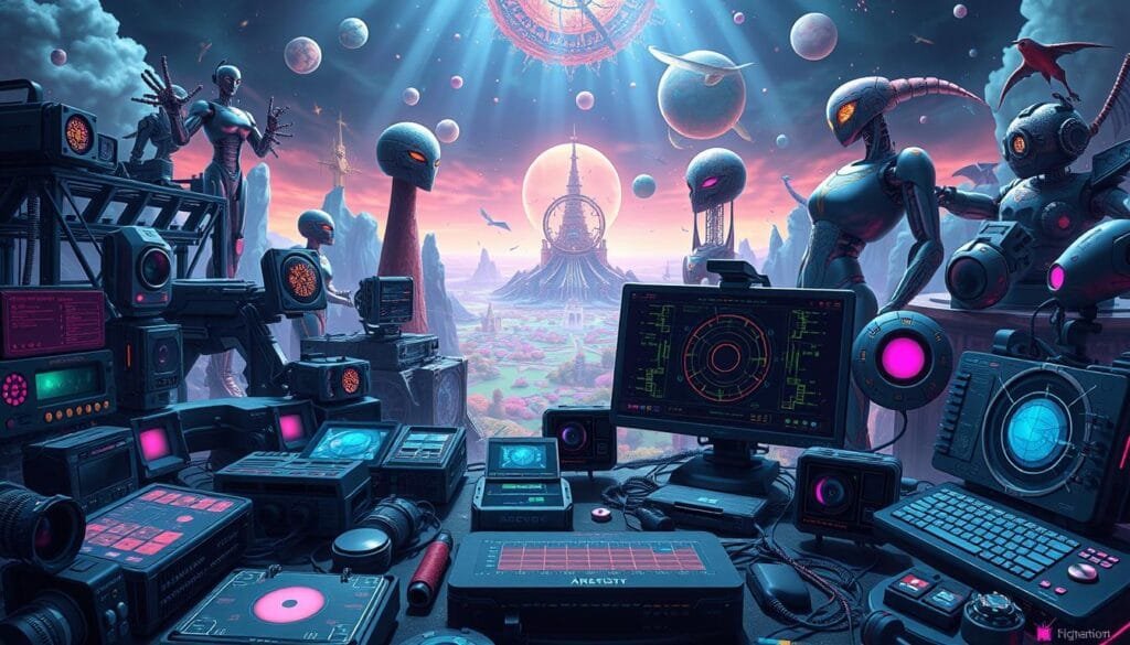 A highly detailed, cinematic illustration of various AI-powered creative tools and software, depicted as if they were specialized tools or artifacts from the acclaimed anime/manga series JoJo's Bizarre Adventure. The foreground features a meticulously crafted array of futuristic-looking devices, gadgets, and interfaces - each evoking the unique aesthetics and iconography of the JoJo franchise. The middle ground showcases a vibrant, surreal landscape filled with fantastical shapes, patterns, and otherworldly elements. The background layers in a dramatic, moody lighting scheme, casting an ominous yet captivating atmosphere over the entire scene. The overall composition should convey a sense of technological innovation, creative empowerment, and the boundless imagination that JoJo's Bizarre Adventure is known for.