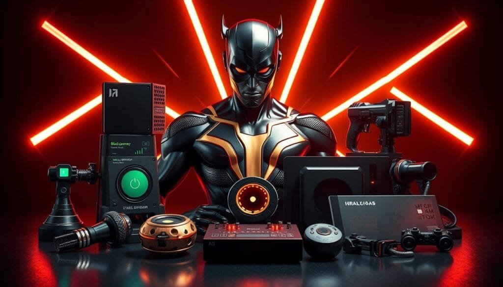 A highly detailed, cinematic image of a collection of AI image generation tools and software, including Stable Diffusion, Midjourney, and DALL-E, arranged in a dynamic, three-dimensional composition. The tools are set against a moody, dramatic backdrop featuring bold, high-contrast lighting and deep shadows, evoking the powerful, intense visual style of the Black Adam superhero. The image has a sleek, futuristic aesthetic, with the tools and software presented as high-tech, cutting-edge devices. The overall mood is one of power, sophistication, and technological prowess, perfectly suited to illustrate the section on AI tools for creating images of Black Adam.