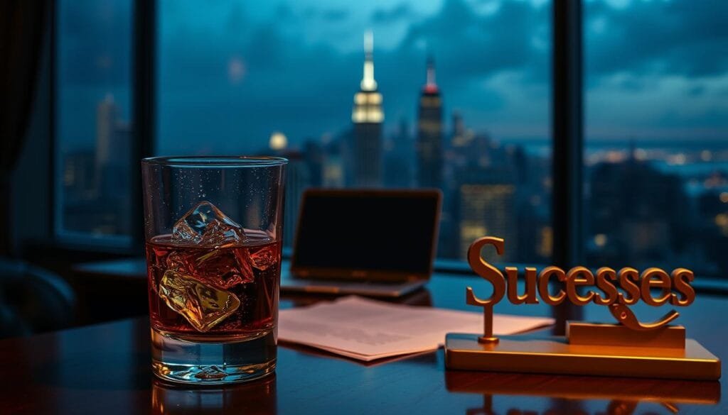 A highly detailed, cinematic scene showcasing iconic moments from the TV series Succession. In the foreground, a close-up of a glass of expensive whiskey on the rocks, the condensation glistening in the soft, moody lighting. In the middle ground, a desk with a laptop, papers, and a golden Succession logo paperweight, hinting at the corporate power struggles. In the background, a sprawling Manhattan skyline at dusk, the city lights twinkling through a hazy, atmospheric filter. The overall mood is one of wealth, ambition, and the high-stakes drama that defines the series. The scene is captured with a shallow depth of field, giving it a cinematic, almost voyeuristic quality.
