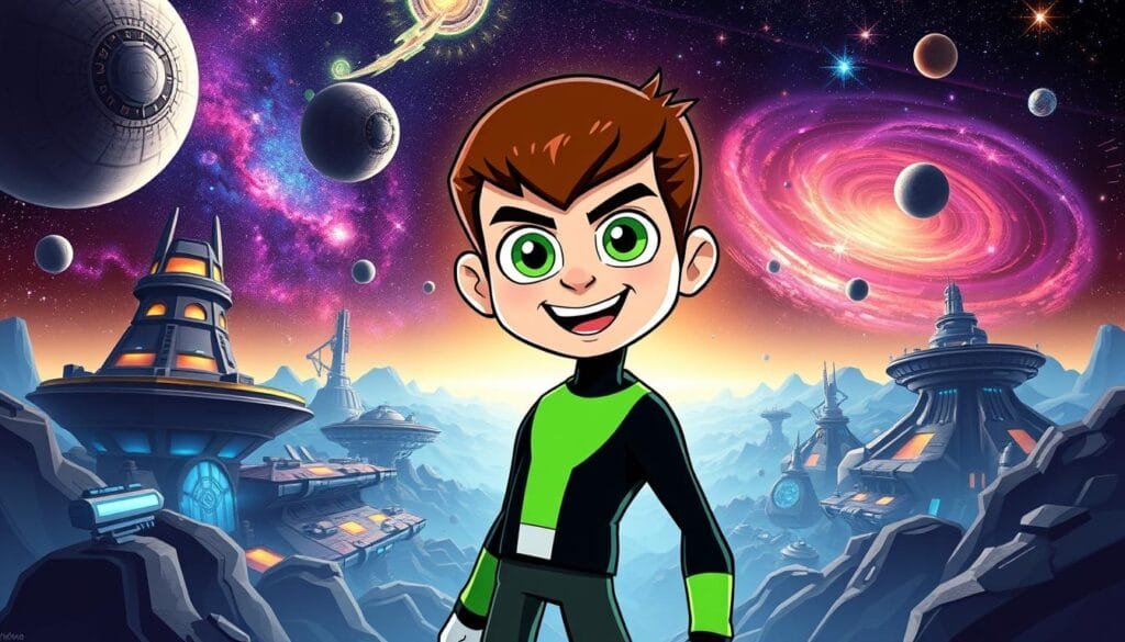A highly detailed digital illustration depicting the popular cartoon character Ben 10 prominently featured in the foreground. The character is rendered in a vibrant, cartoon-like style, showcasing his alien transformations and diverse array of superpowers. The middle ground features a futuristic, sci-fi landscape with advanced technology, space stations, and alien environments. The background is a vast, expansive cosmos with swirling galaxies, nebulae, and twinkling stars, creating a sense of wonder and imagination. The lighting is dramatic, with deep shadows and highlights that accentuate the character's dynamic poses and the technological elements. The overall mood is one of adventure, wonder, and the boundless possibilities of the Ben 10 universe, perfectly capturing the essence of the section title "Prompts para Crear Imágenes de Ben10 con IA: Guía Completa".
